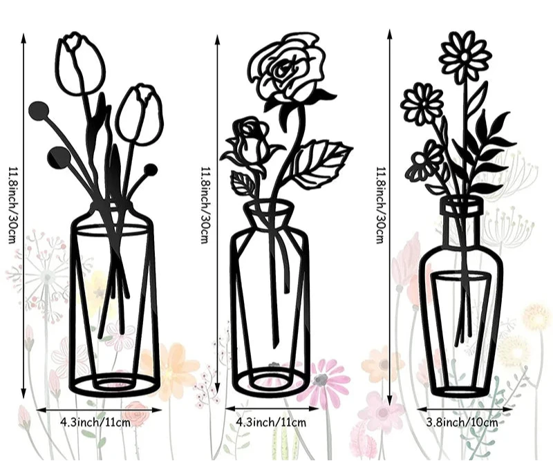 Flowers In A Vase Black Metal Wall Art 3D Sculptured Iron Art Wall Decorations For Living Room Dining Room Creative Nordic Home Decor