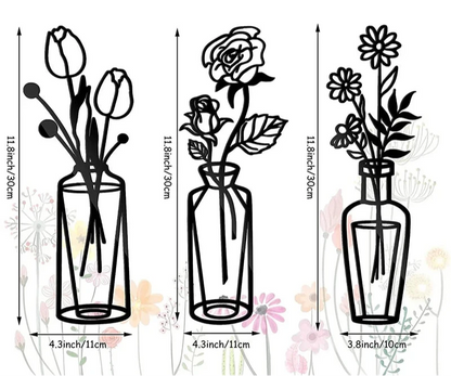 Flowers In A Vase Black Metal Wall Art 3D Sculptured Iron Art Wall Decorations For Living Room Dining Room Creative Nordic Home Decor