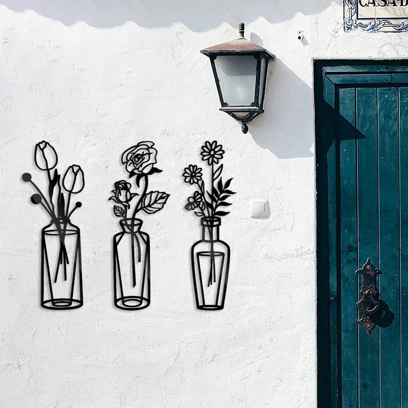 Flowers In A Vase Black Metal Wall Art 3D Sculptured Iron Art Wall Decorations For Living Room Dining Room Creative Nordic Home Decor