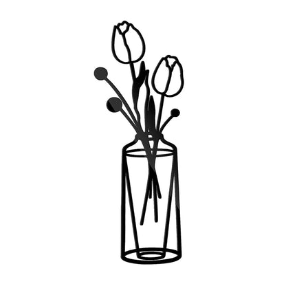 Flowers In A Vase Black Metal Wall Art 3D Sculptured Iron Art Wall Decorations For Living Room Dining Room Creative Nordic Home Decor