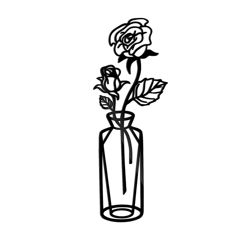 Flowers In A Vase Black Metal Wall Art 3D Sculptured Iron Art Wall Decorations For Living Room Dining Room Creative Nordic Home Decor