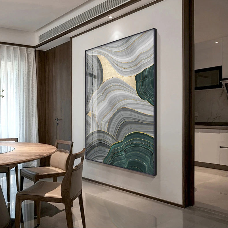 Flowing Green Golden Emerald Abstract Wall Art For Entrance Hallway