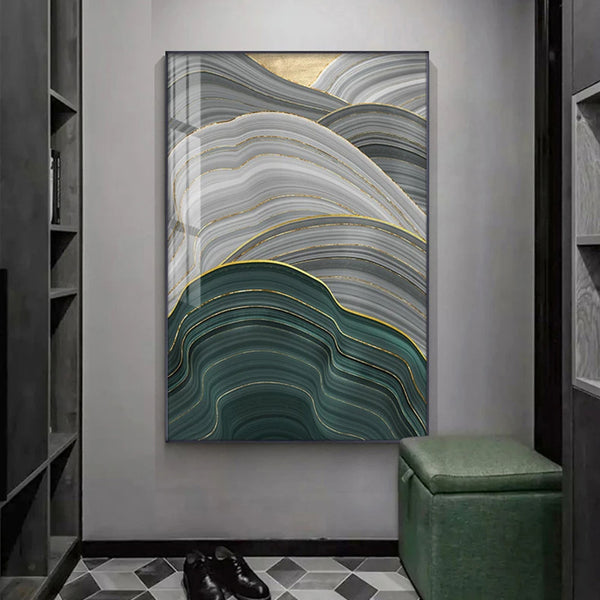 Flowing Green Golden Emerald Abstract Wall Art For Entrance Hallway