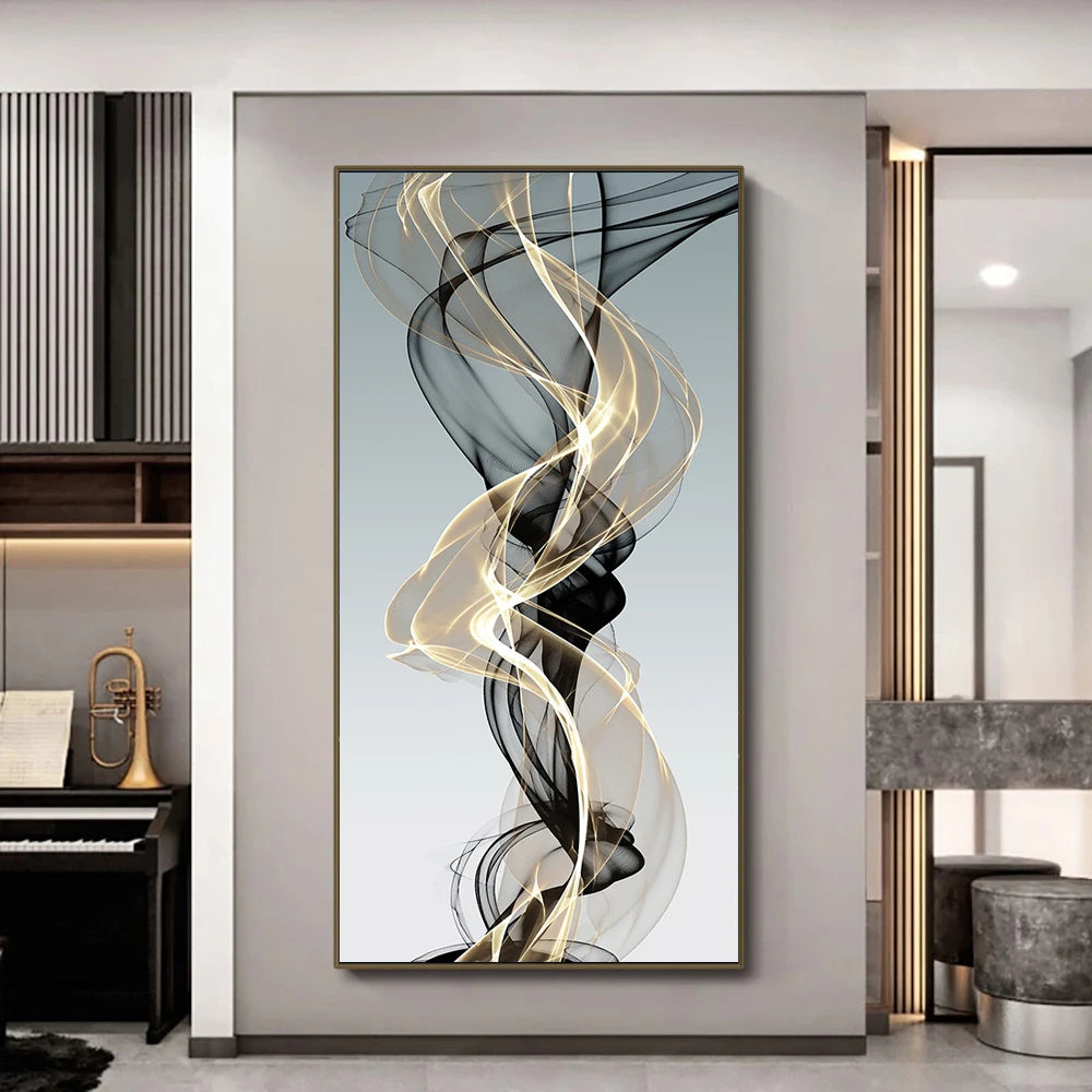 Flowing Abstract Golden Gray Wall Art Fine Art Canvas Prints Pictures For Modern Apartment Living Room Foyer Home Office Art Decor