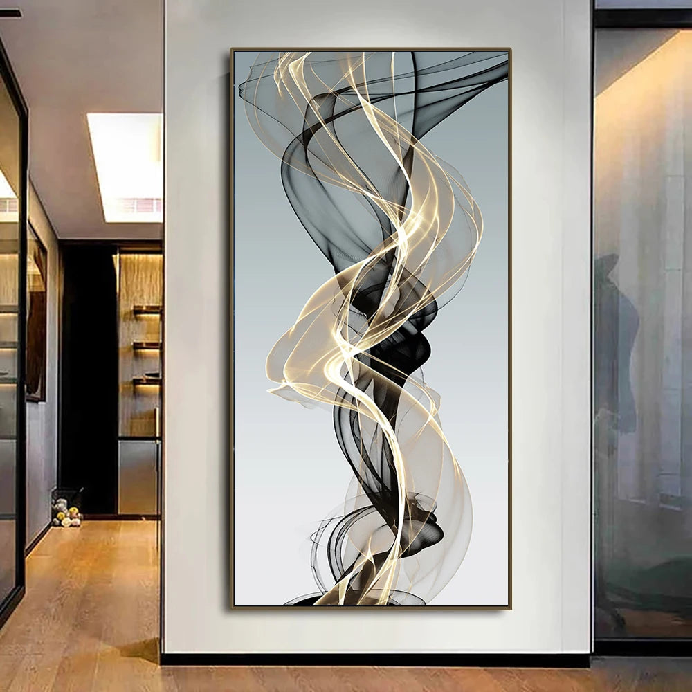 Flowing Abstract Golden Gray Wall Art Fine Art Canvas Prints Pictures For Modern Apartment Living Room Foyer Home Office Art Decor