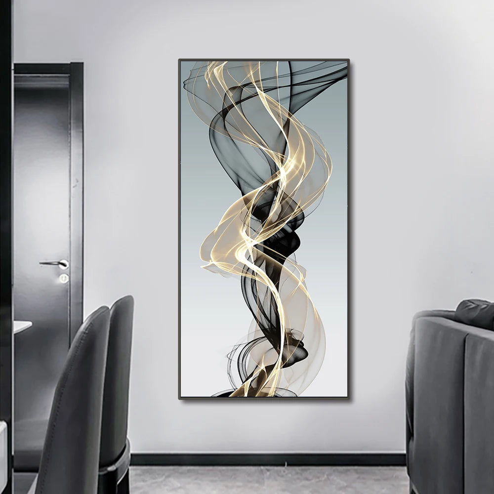 Flowing Abstract Golden Gray Wall Art Fine Art Canvas Prints Pictures For Modern Apartment Living Room Foyer Home Office Art Decor