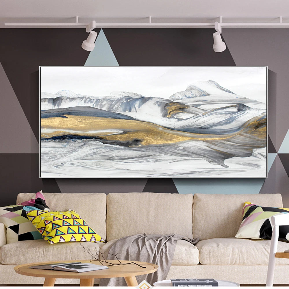 Flowing Abstract Golden Snow Mountain Landscape Wall Art Fine Art Canvas Prints Picture For Modern Living Room Art For Above The Sofa