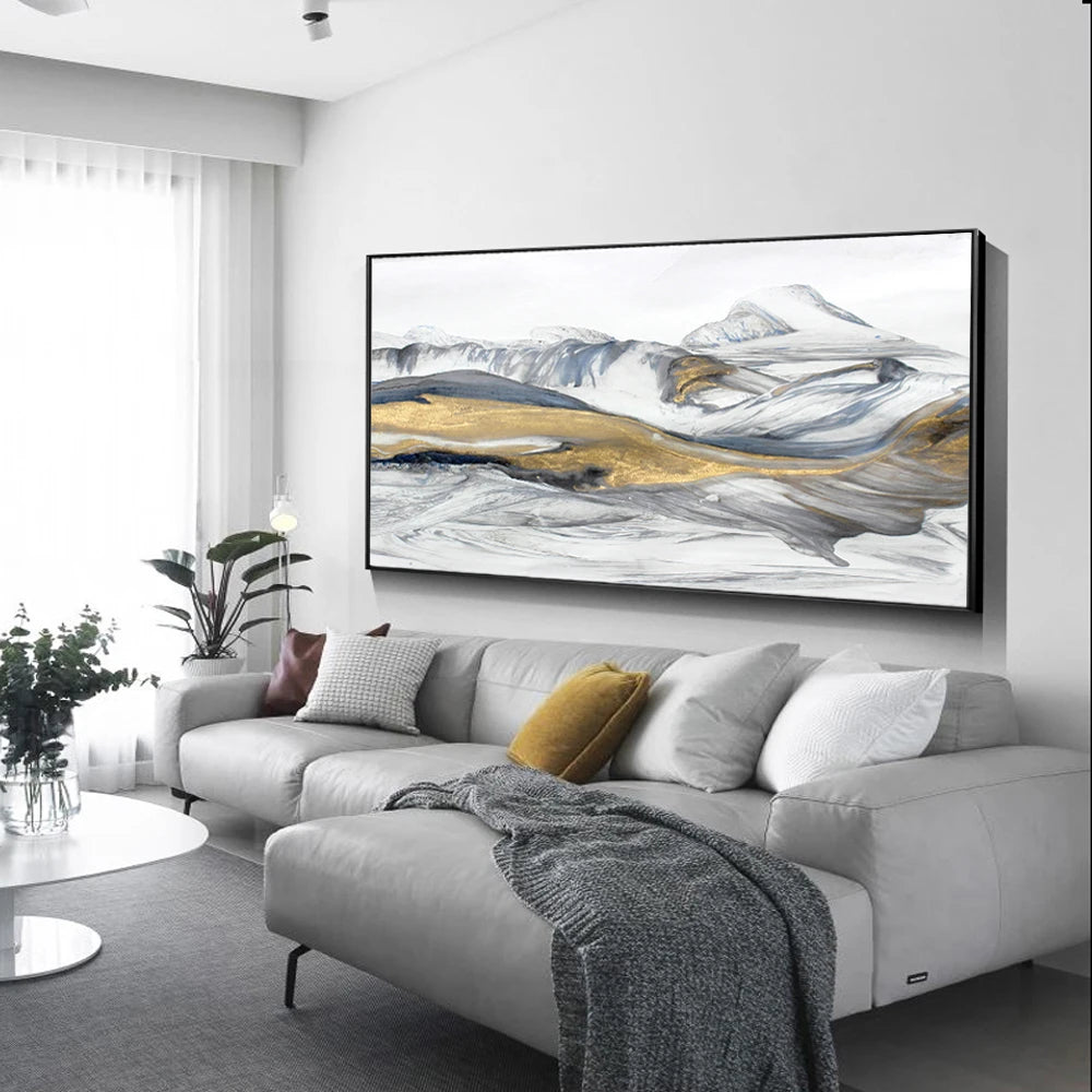 Flowing Abstract Golden Snow Mountain Landscape Wall Art Fine Art Canvas Prints Picture For Modern Living Room Art For Above The Sofa