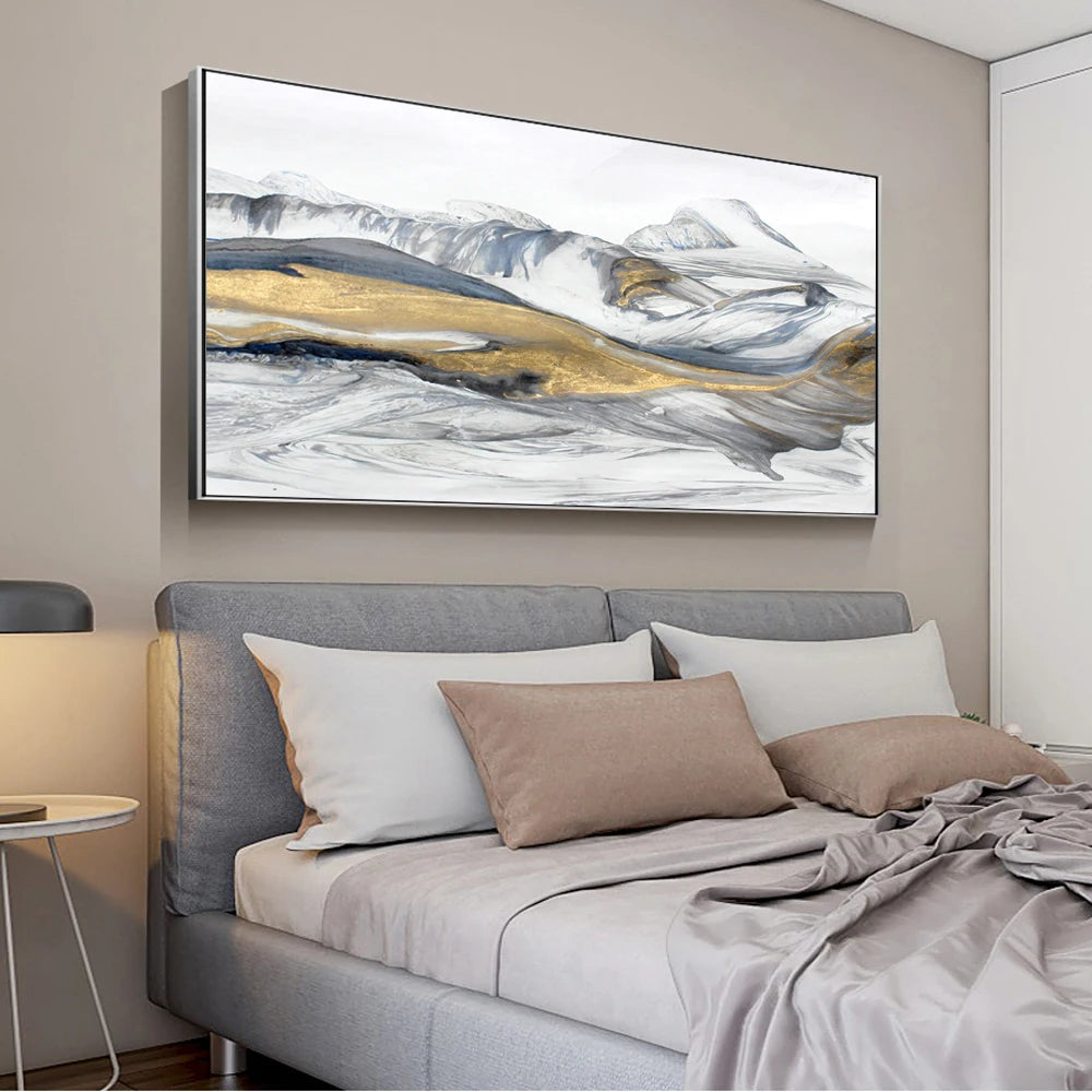 Flowing Abstract Golden Snow Mountain Landscape Wall Art Fine Art Canvas Prints Picture For Modern Living Room Art For Above The Sofa