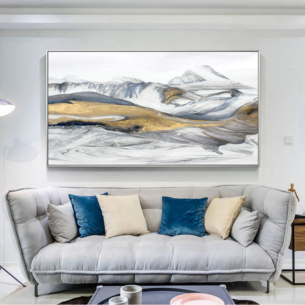 Flowing Abstract Golden Snow Mountain Landscape Wall Art Fine Art Canvas Prints Picture For Modern Living Room Art For Above The Sofa