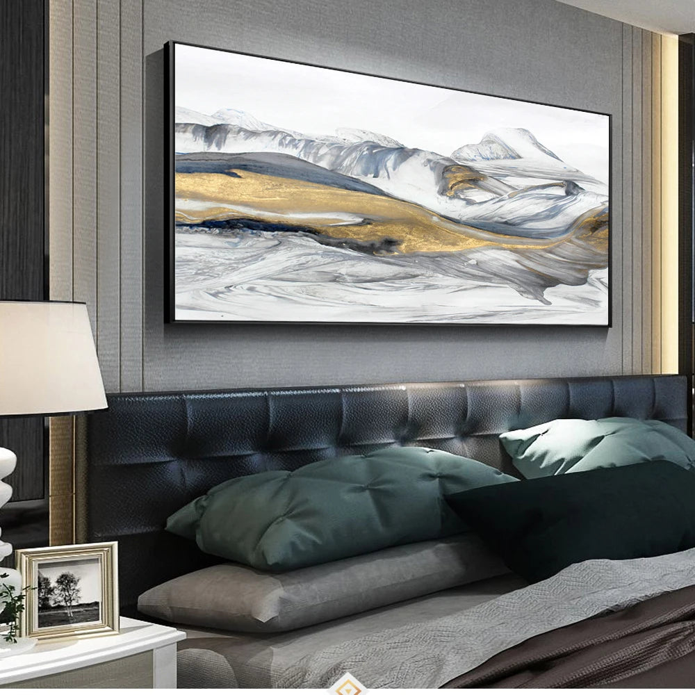 Flowing Abstract Golden Snow Mountain Landscape Wall Art Fine Art Canvas Prints Picture For Modern Living Room Art For Above The Sofa