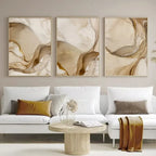 Modern living room with abstract wall art and a white sofa.