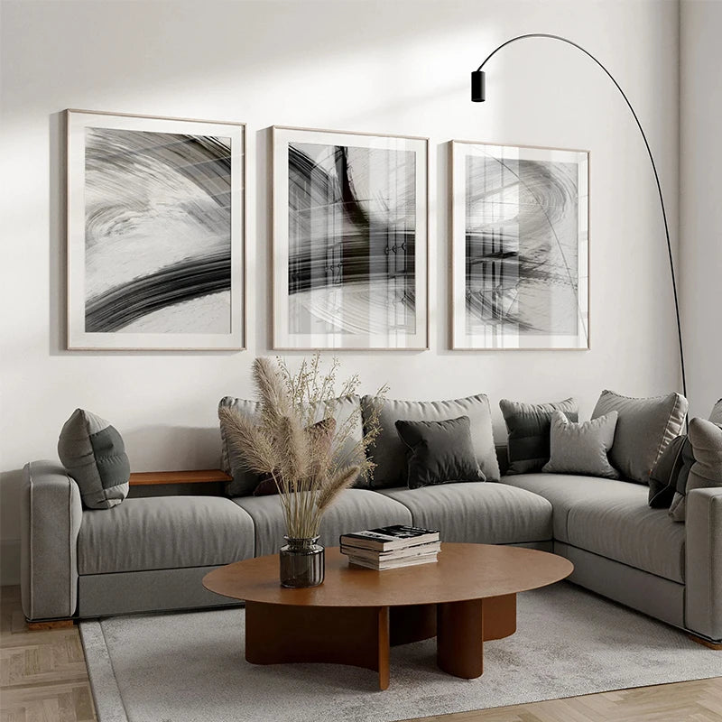 Flowing Brush Strokes Abstract Wall Art Fine Art Canvas Prints Black and White Pictures For Modern Apartment Living Room Bedroom Art For Contemporary Interiors