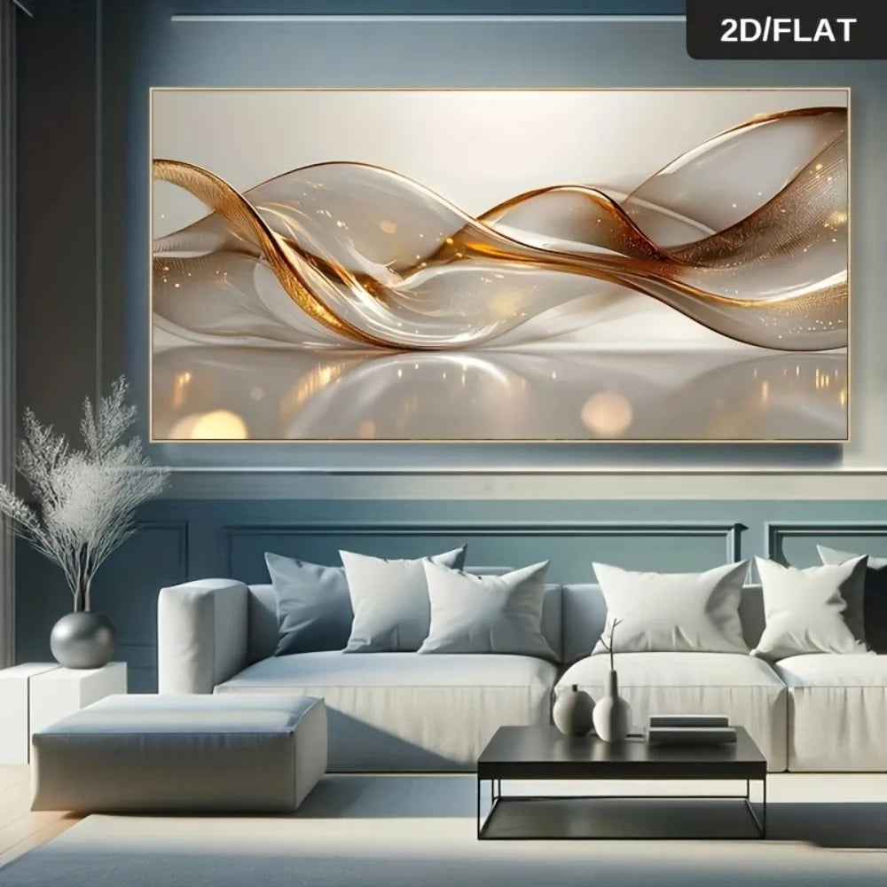 Modern living room with a large abstract painting above a sofa.