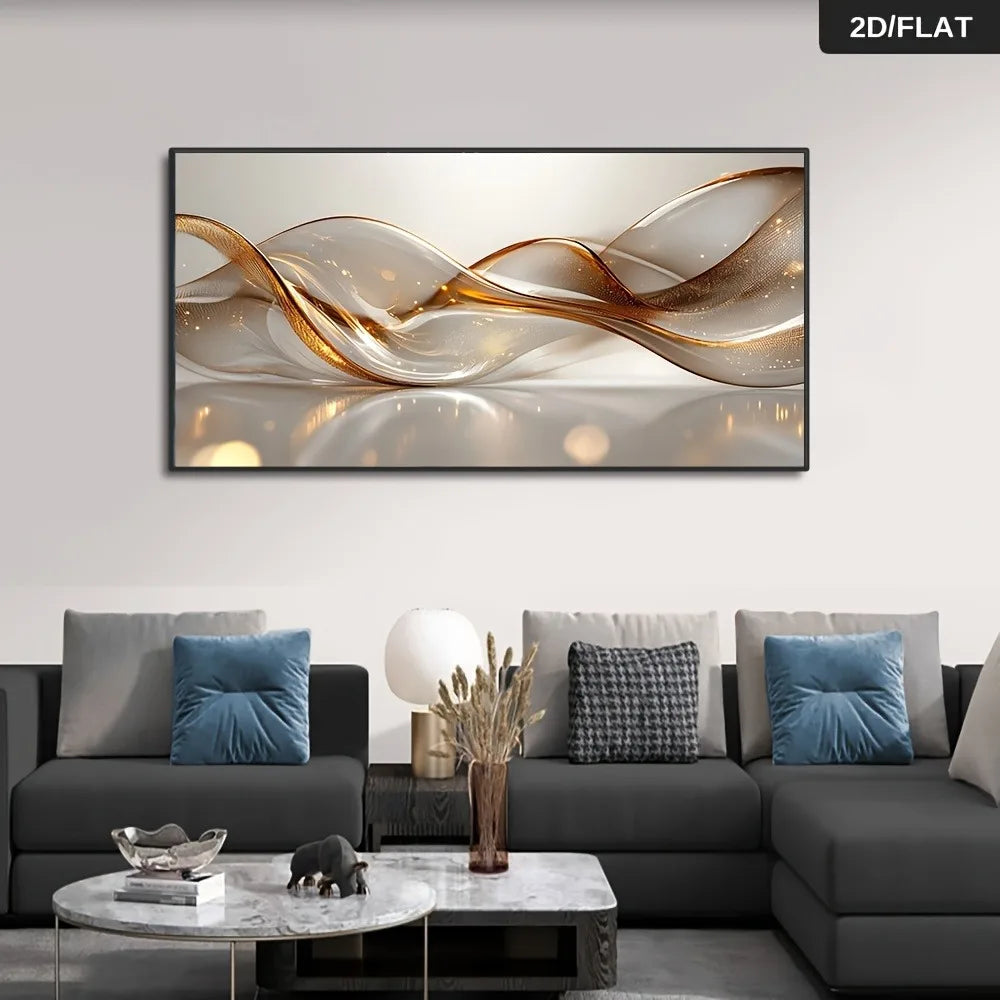 Modern living room with a large abstract wall art piece above a gray sectional sofa.