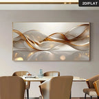Abstract wall art with wavy design in a dining room setting