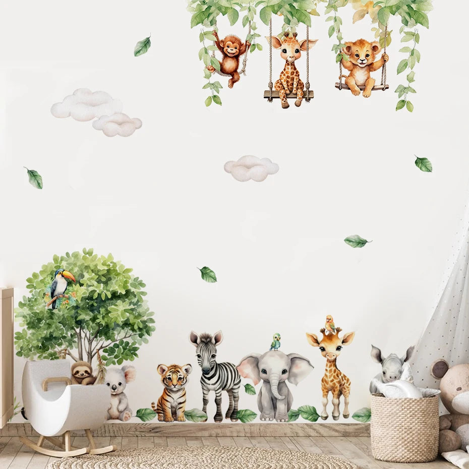 Wall stickers of cartoon animals on a white wall with a child's room setting.