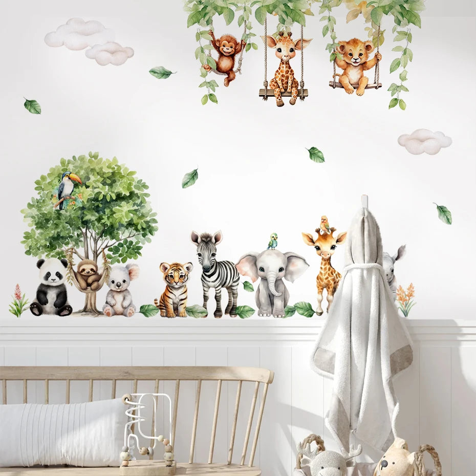 Children's room with animal wall decals on a white wall.