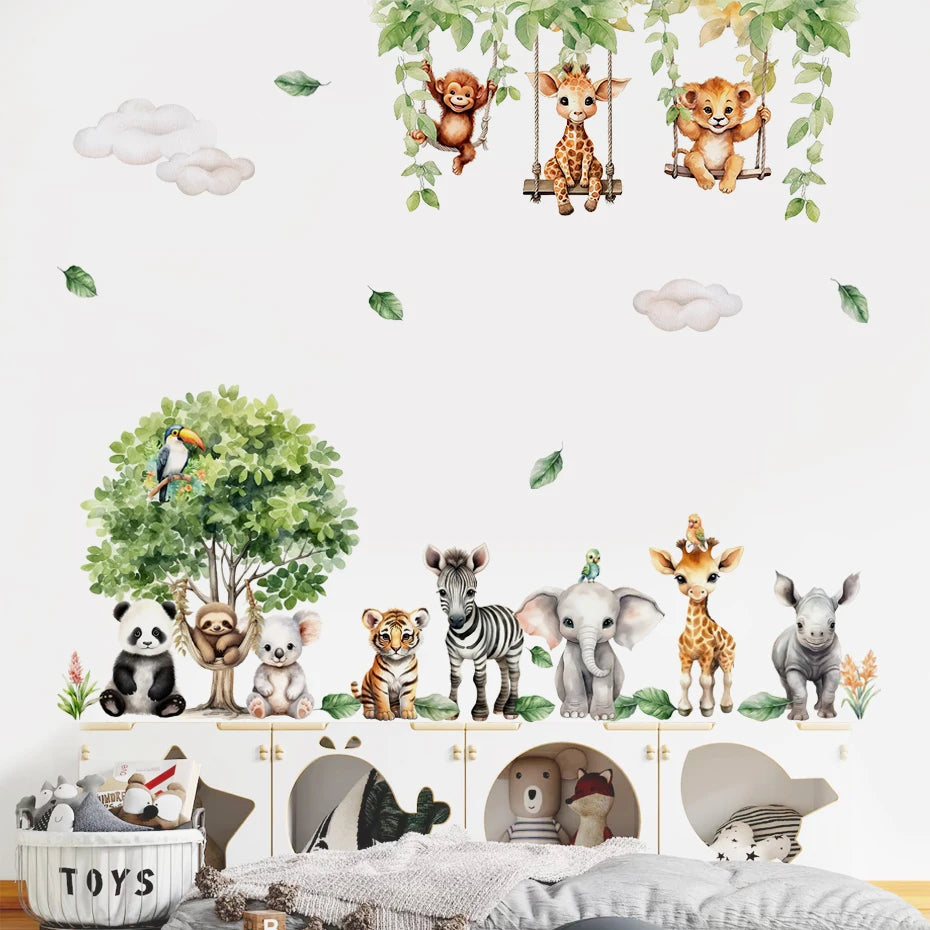 Forest Friends Cute Cartoon Animals Wall Decals – Peel & Stick Watercolor PVC Wall Stickers for Nursery & Kids Room Decor