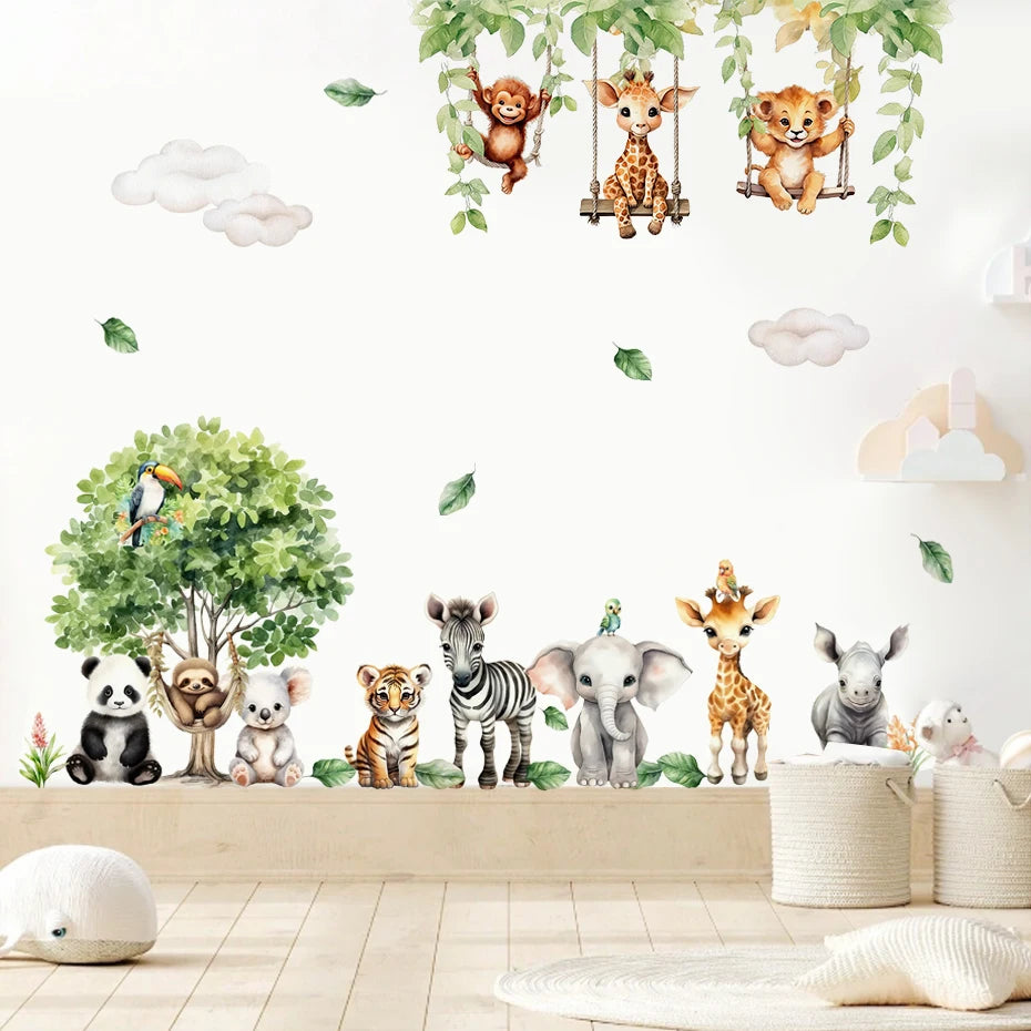 Wall decal of cartoon animals on a wall with a tree and clouds.
