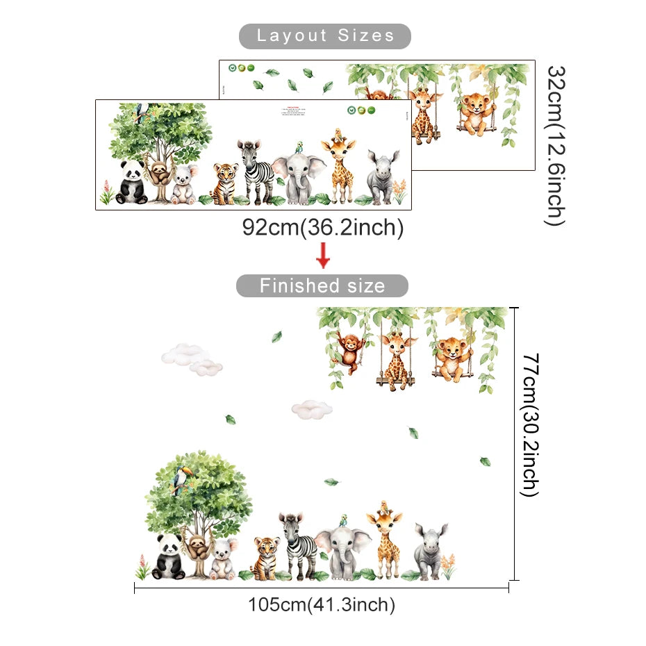 Dimensions of animal wall stickers with layout sizes shown.