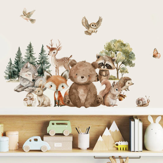 Forest Friends Wall Decals – Cute Cartoon Bear, Deer, Racoon, Fox & Woodland Animals Wall Stickers for Nursery or Kids Room Decor