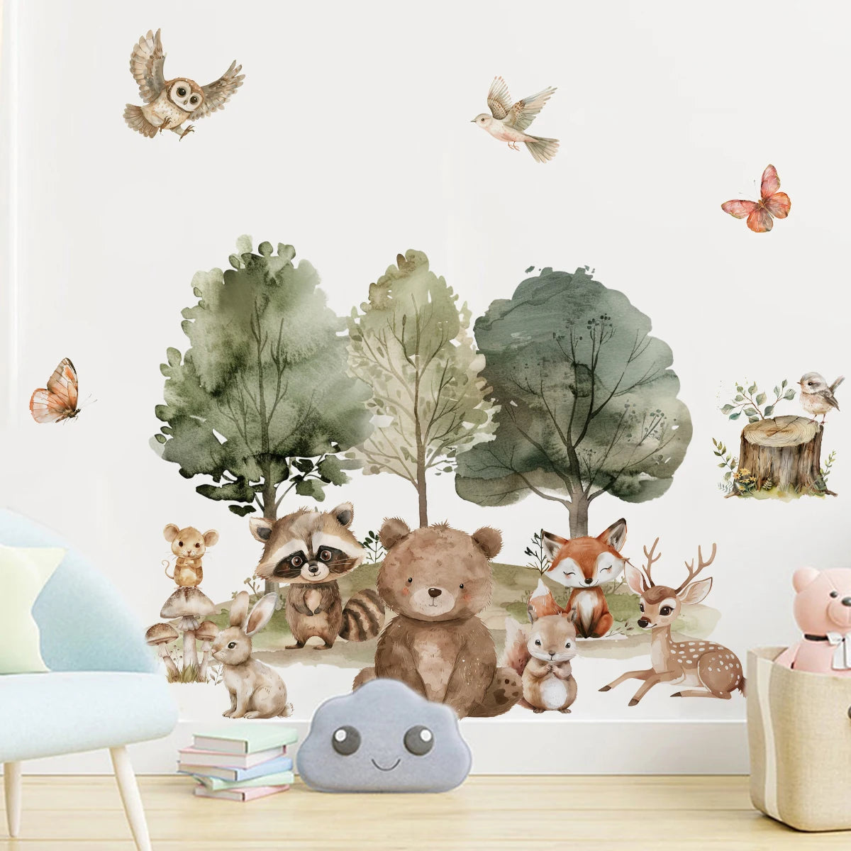 Forest Friends Wall Decals – Cute Cartoon Bear, Deer, Racoon, Fox & Woodland Animals Wall Stickers for Nursery or Kids Room Decor