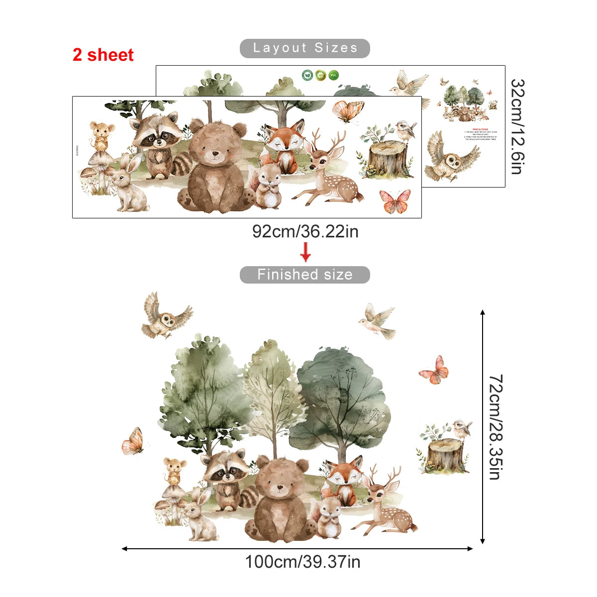 Forest Friends Wall Decals – Cute Cartoon Bear, Deer, Racoon, Fox & Woodland Animals Wall Stickers for Nursery or Kids Room Decor
