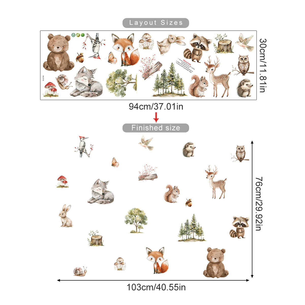 Forest Friends Wall Decals – Cute Cartoon Bear, Deer, Racoon, Fox & Woodland Animals Wall Stickers for Nursery or Kids Room Decor