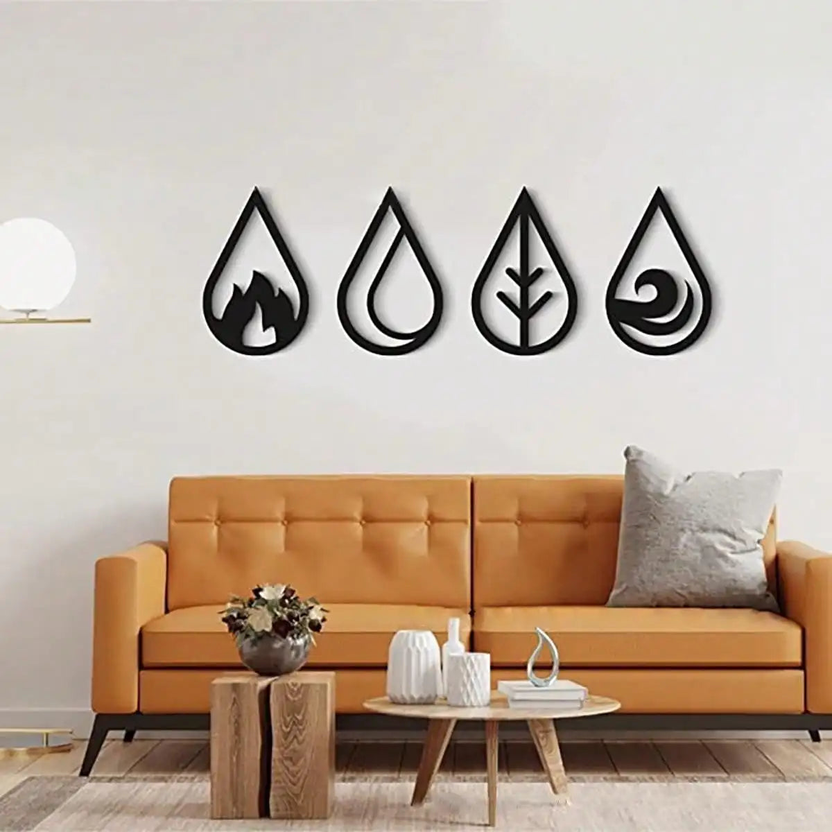 Four Elements Metal Wall Art 3d Iron Craft Wall Mounted Nordic Wall Hanging Decoration For Living Room Dining Room Creative Home Decor (Set of 4Pcs)