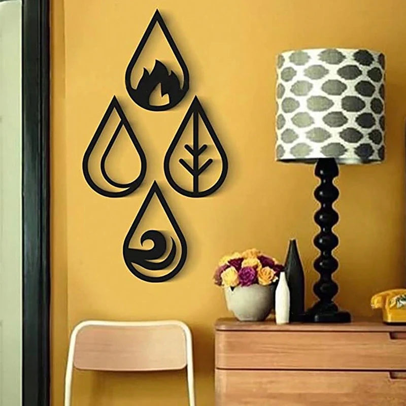Four Elements Metal Wall Art 3d Iron Craft Wall Mounted Nordic Wall Hanging Decoration For Living Room Dining Room Creative Home Decor (Set of 4Pcs)