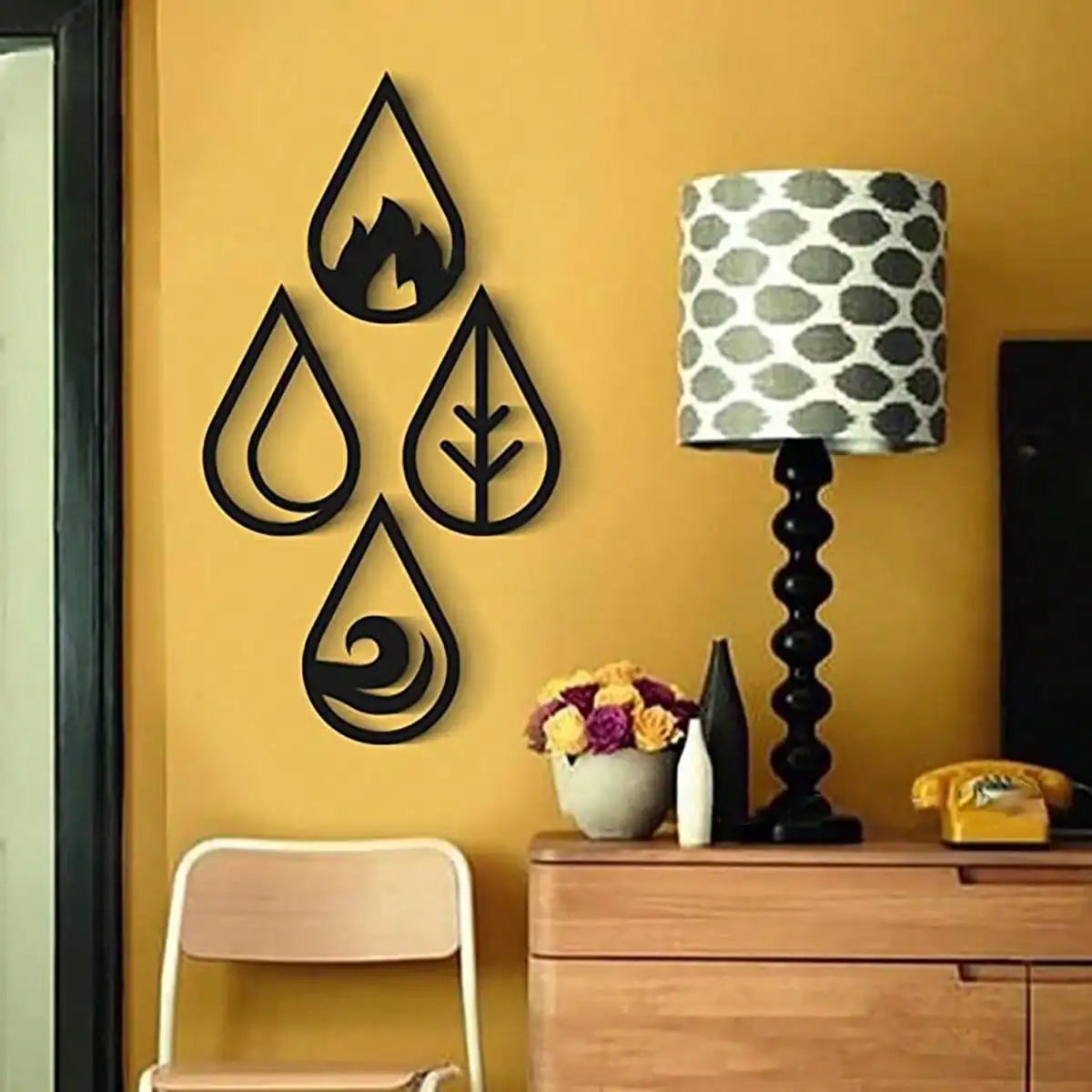 Four Elements Metal Wall Art 3d Iron Craft Wall Mounted Nordic Wall Hanging Decoration For Living Room Dining Room Creative Home Decor (Set of 4Pcs)