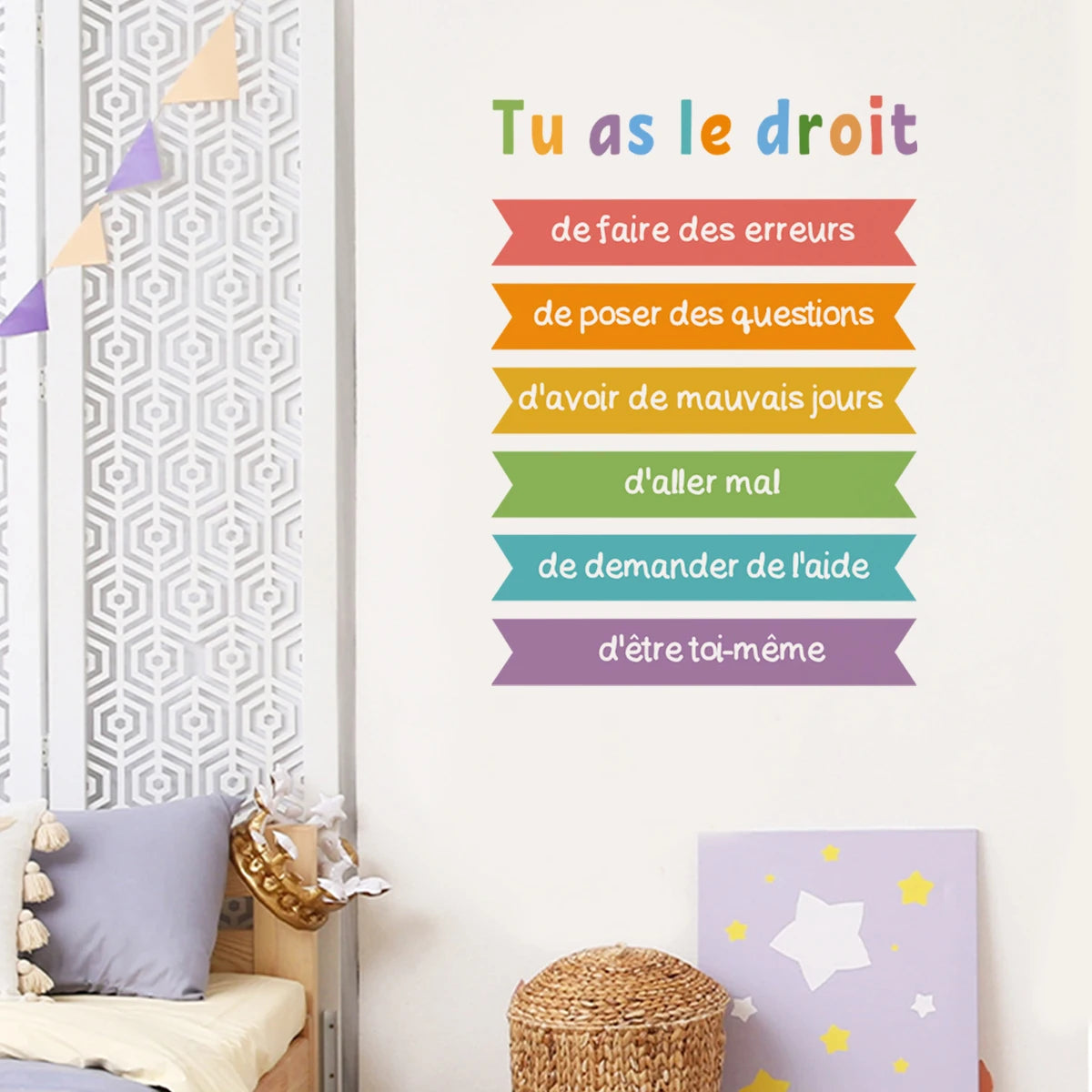 Colorful motivational phrases on a wall in a child's room