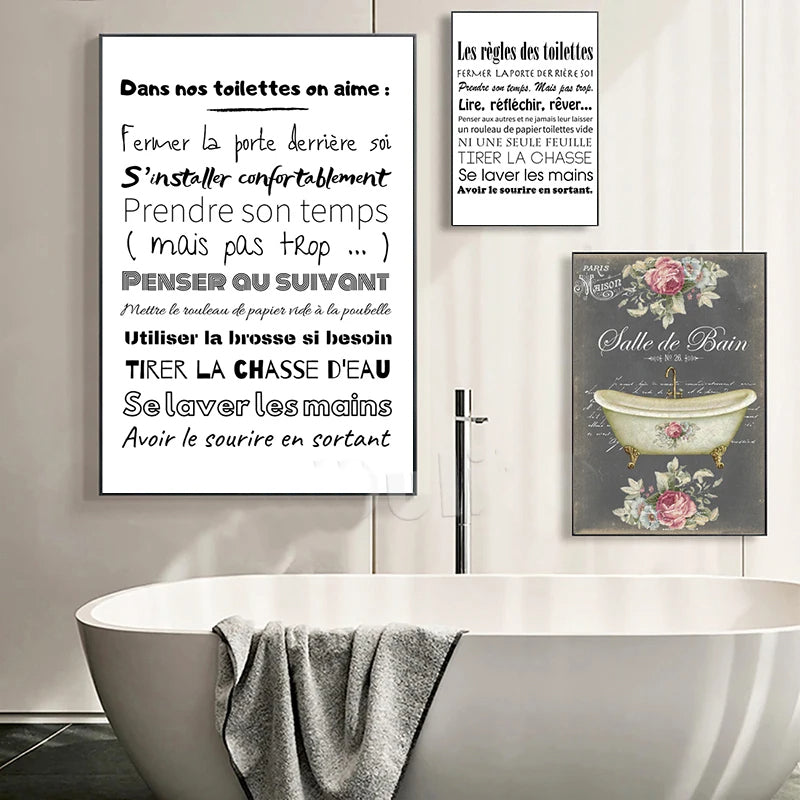 French Quotes Amusing Bathroom Rules WC Wall Art Fine Art Canvas Prints Typographic Quotations Black White Pictures Posters For Bathroom Toilet Room WC Wall Decor 2025