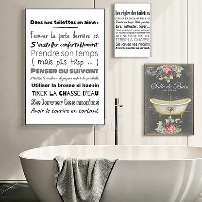French Quotes Amusing Bathroom Rules WC Wall Art Fine Art Canvas Prints Typographic Quotations Black White Pictures Posters For Bathroom Toilet Room WC Wall Decor 2025