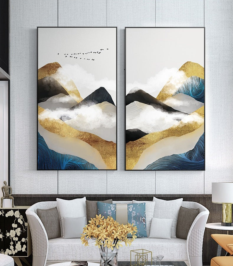 Gold Mountains In The Clouds Abstract Wall Art Posters Fine Art Canvas Prints For Modern Office Or Apartment Pictures For Living Room Decor