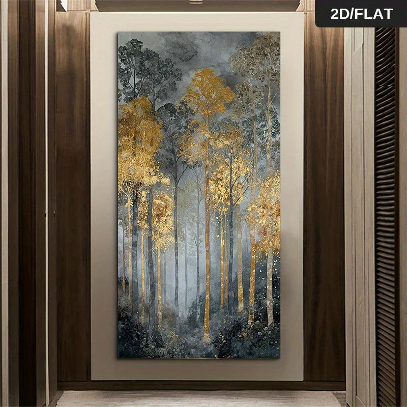 A vertical wall art print or canvas showing a misty forest of tall trees with golden-yellow foliage and blue-gray trunks, displayed in a modern interior setting with dark wood paneling. A black label in the top-right corner reads '2D/FLAT'.