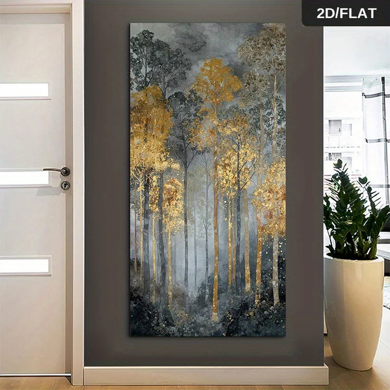 A vertical canvas wall art print depicting a misty forest with golden-yellow trees, displayed on a dark gray wall in a modern hallway next to a white door and a potted plant. A '2D/FLAT' label is visible in the top right corner.
