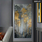 A vertical canvas wall art print depicting a forest of trees with golden-yellow and gray foliage, displayed on a gray wall in a modern interior setting.