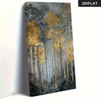 A vertical canvas wall art print depicting a misty forest of tall trees with golden-yellow foliage against a gray and white background, shown at an angle on a white wall. A black label in the top right corner reads '2D/FLAT'.