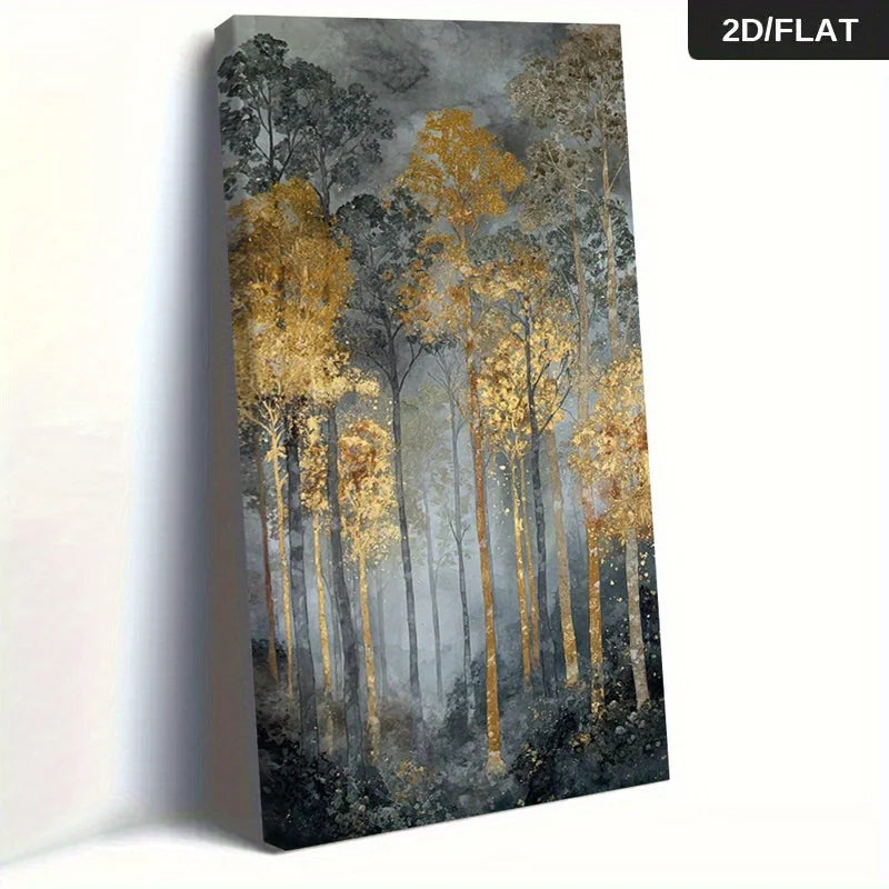 A vertical canvas wall art print depicting a misty forest of tall trees with golden-yellow foliage against a gray and white background, shown at an angle on a white wall. A black label in the top right corner reads '2D/FLAT'.