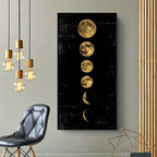 Wall art depicting phases of the moon on a black background in a modern interior setting.