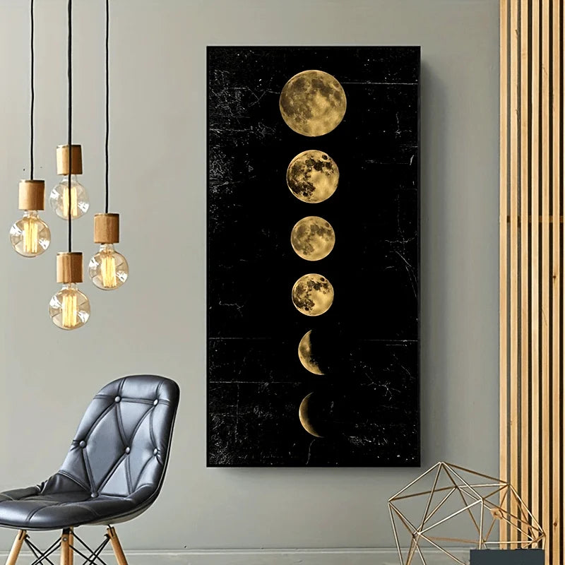 Wall art depicting phases of the moon on a black background in a modern interior setting.
