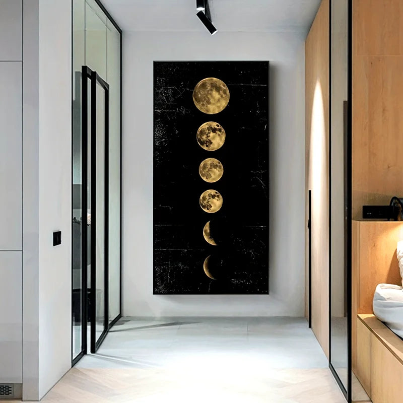 Modern interior hallway with a vertical wall art piece depicting moon phases.