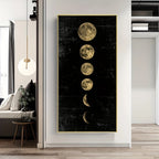 Golden Black Moon Phases Wall Art Fine Art Canvas Print Vertical Format Picture For Foyer Living Room Entranceway Art Decor