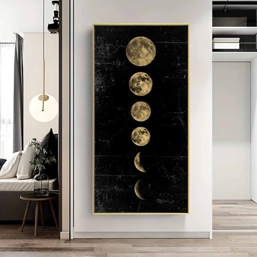 Golden Black Moon Phases Wall Art Fine Art Canvas Print Vertical Format Picture For Foyer Living Room Entranceway Art Decor