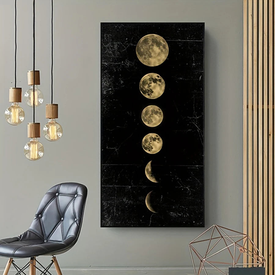 Golden Black Moon Phases Wall Art Fine Art Canvas Print Vertical Format Picture For Foyer Living Room Entranceway Art Decor