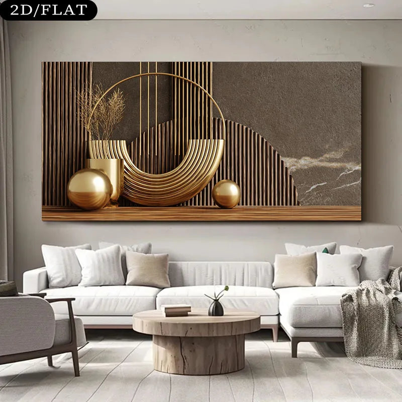 Modern living room with a large abstract wall art piece above a white sofa.