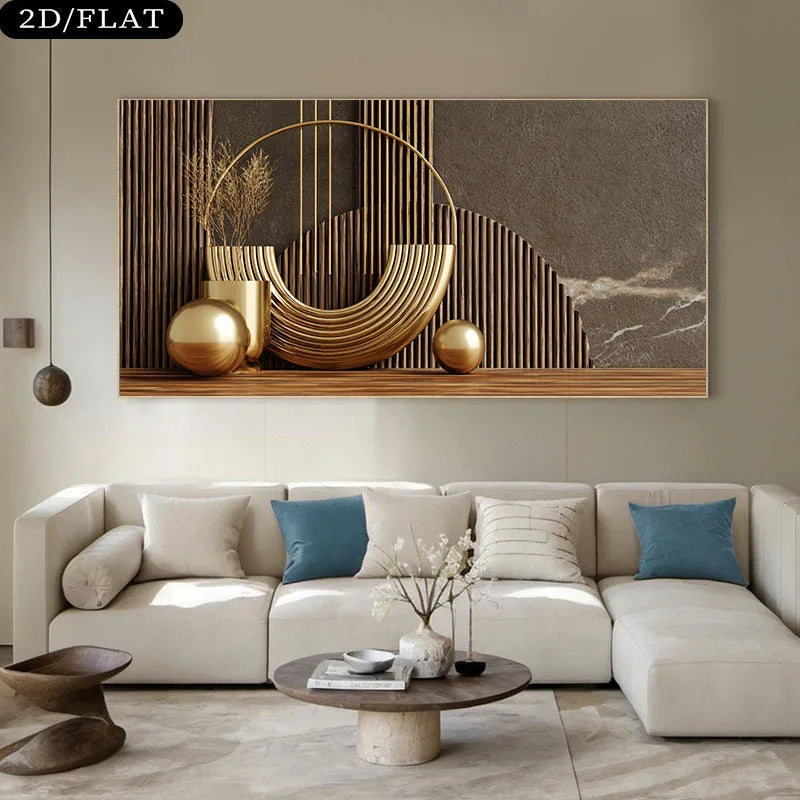 Modern living room with a large abstract wall art piece above a white sofa.