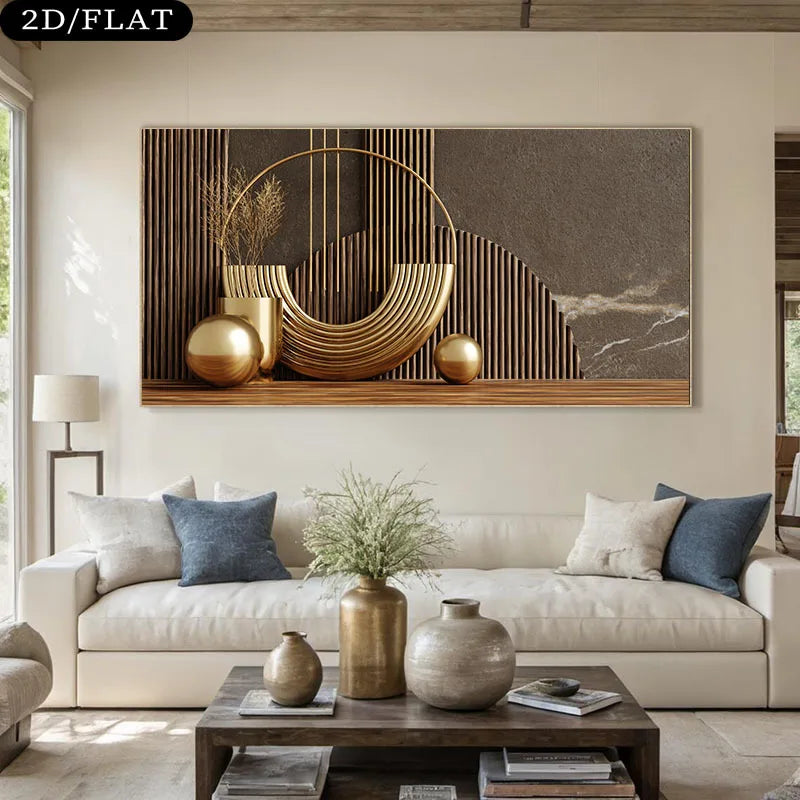 Modern living room with a large abstract wall art piece, beige sofa, and decorative vases.